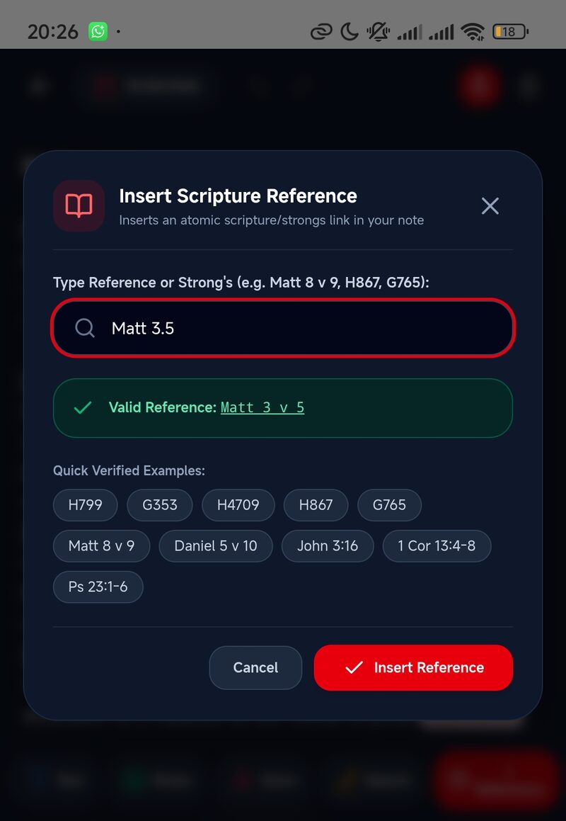 Insert scripture reference dialog validating Matt 3.5 in dark mode