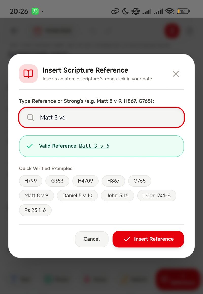 Insert scripture reference dialog validating Matt 3 v6 in light mode